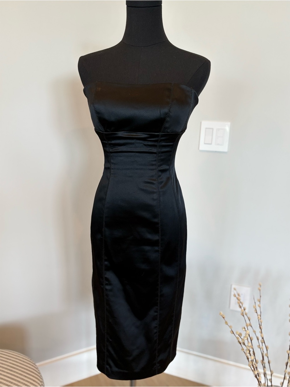 bebe Strapless Black Satin Sheath Dress